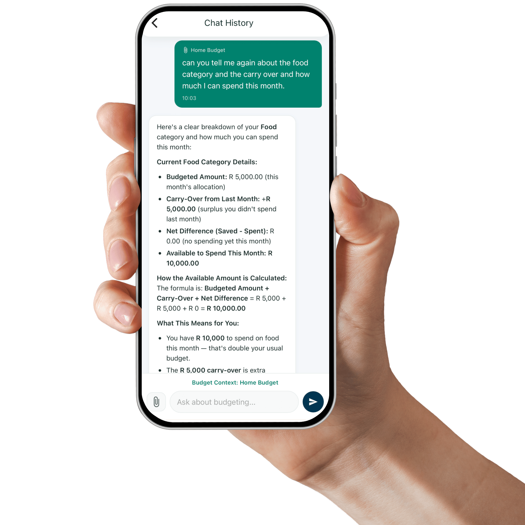 Smart Chat Assistant Mockup of the chat assistant on the app
